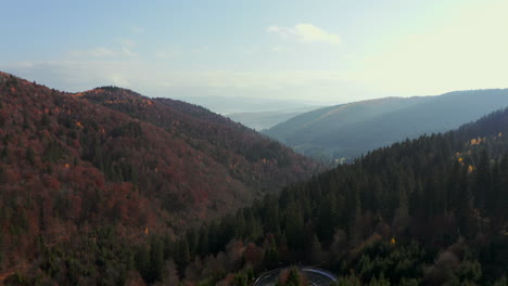 Luftaufstieg-über-Eine-Haarnadelkurve-Durch-Den-Herbstwald,-Nyerges-Teto,-Rumänien