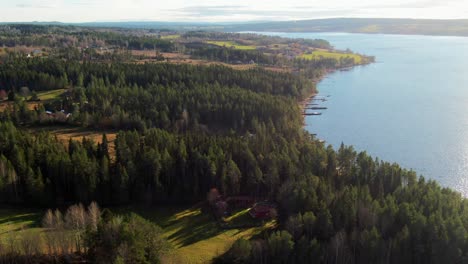 Countryside-Pine-Tree-Woodlands-In-River-Lake-Town-Farm-Fields-Near-Ã–stersund,-Sweden