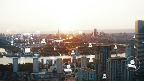 Raster-Für-Soziale-Netzwerke,-Menschen,-Die-Sich-Auf-Dem-Hintergrund-Einer-Stadt-Bei-Sonnenuntergang-Verbinden---3D-Animation
