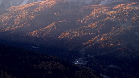 Aerial-view-of-Italian-valley-surrounded-by-golden-fir-trees-in-autumn---Sesto-Dolomites,Italy