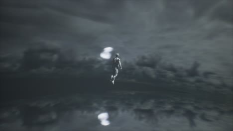 CGI-Szene-Eines-Mysteriösen-Außerirdischen-Kriegers,-Der-Im-Nachthimmel-Und-In-Den-Wolken-Schwebt