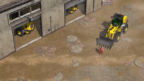 Animated-video-of-JCB-and-worker-standing-in-the-construction-site-and-trucks-are-parked-near-them