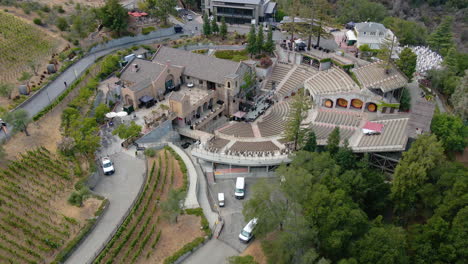 Aerial-view-away-from-the-Mountain-Winery,-in-Silicon-valley,-California---circling,-pull-back,-drone-shot