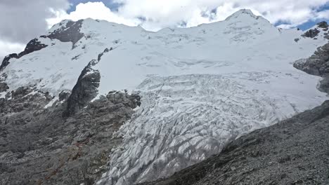 Aerial-view-of-a-high-altitude-tropical-glacier-in-the-Andes-of-Peru:-melting-and-shrinkage-due-to-global-warming-causing-floods