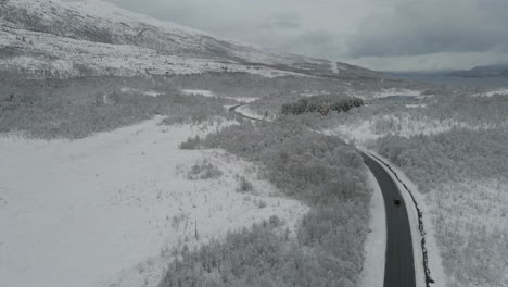 Landscape-Of-A-Road-In-Forest-Covered-In-Snow-Under-A-Cloudy-Sky-In-Norway---aerial-static-shot