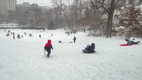 People-Sled-In-Central-Park,-New-York-City,-On-Big-Snow-Day