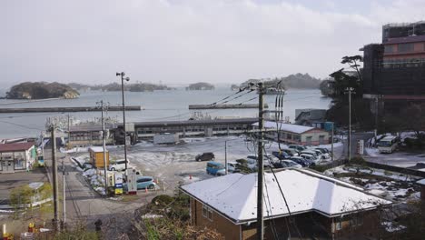 Matsushima-Bay-in-Miyagi-Prefecture,-Snow-Falling-over-Rural-Japan-in-Winter