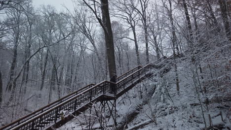 Wide-shot-of-a-jogger-climbing-a-high-stairwell-in-Glen-Stewart-Ravine-during-a-snowfall