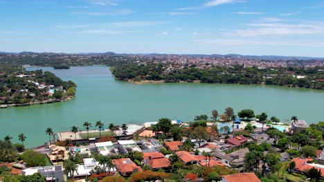 Metropolis-aerial-view-of-landmark-Pampulha-lake-and-sports-centre-stadium-near-amusement-park-at-downtown-Belo-Horizonte-Minas-Gerais-Brazil