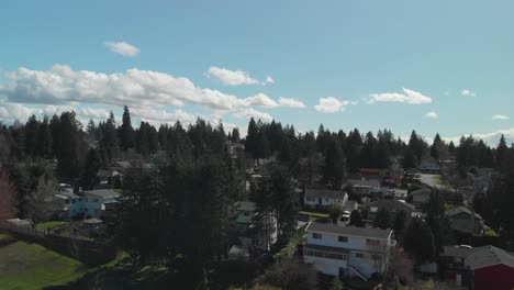 Beautiful-city-park-in-Delta-BC-on-bright-blue-day-peaceful-relaxing-Aerial-wide-ascending-from-takeoff-revealing-homes-neighbourhood-in-residential-sector-bright-day-blue-sky-clouds-green-trees
