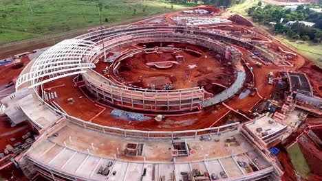 Aerial-flying-backwards-from-construction-site-of-Sirius-Synchrotron-Lab,-Brazil