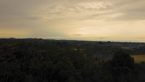 Increíbles-Filmaciones-Cinematográficas-De-Ubud,-Drones-De-Bali-Con-Un-Amanecer-Exótico,-Pequeñas-Granjas-Y-Plantaciones-Agroforestales