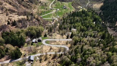Aerial-wide-shot-tilting-downward-onto-a-curvy-road-with-green-patches-of-grass-surrounded-by-brown-grass-and-evergreen-trees
