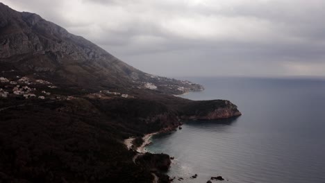 Aerial-drone-view-of-Montenegro-southern-coast-under-a-cloudy-day