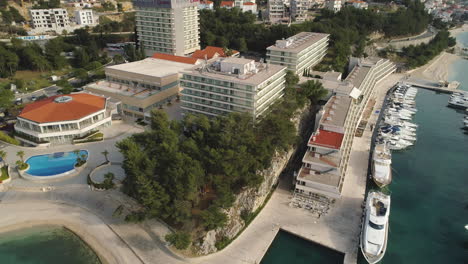 Marina-Lav,-Split-Croatia-With-Luxury-Yachts---Aerial-Rise-Up-Shot