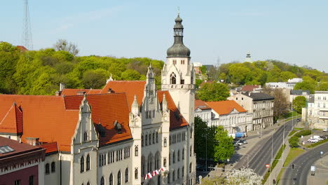 Waly-Jagiellonskie-steet-Flying-over-Sad-Okregowy-courthouse-in-Bydgoszcz-city-Poland---aerial