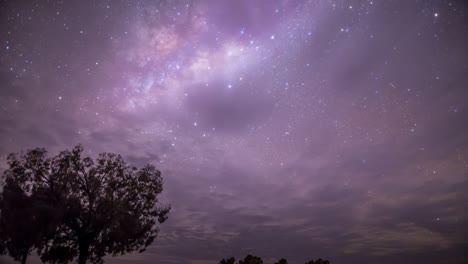 Zeitraffer-Der-Milchstraßensterne-Unserer-Galaxie,-Die-Unser-Sonnensystem-Im-Australischen-Outback-Bei-Nacht-Mit-Bäumen-Und-Rotem-Sand-Einschließt,-Ein-Bewegungszeitraffer