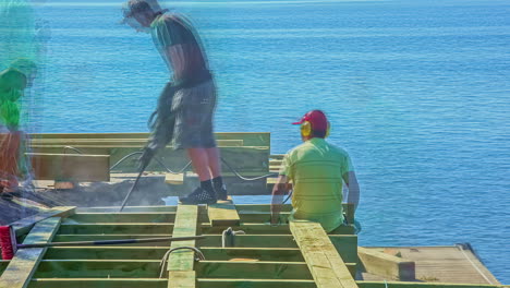 Static-shot-over-a-wooden-jetty-been-constructed-by-workers-in-timelapse-along-the-lakeside-at-daytime