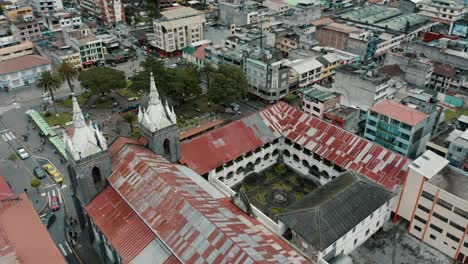 Aerial-View-Of-Basilica-In-Baños-De-Agua-Santa-In-Ecuador---Drone-Shot