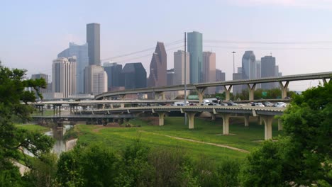 Aerial-of-cars-on-45-North-freeway-near-downtown-Houston