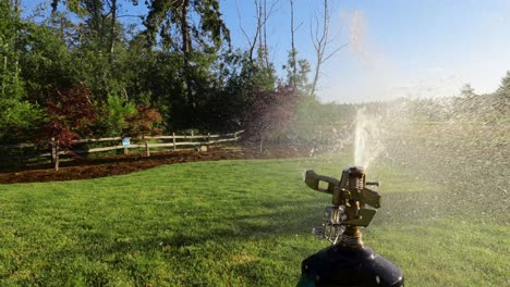 Automatic-sprinkler-head-watering-a-private-lawn-during-summer