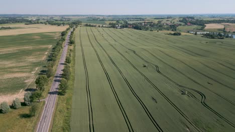 Grain-field-in-the-Mazury-Region-in-Poland---Drone-flight-aerial-bird-flyover-a-field-in-Warmian-Masurian-Voivodeship-during-June-2022-next-to-a-busy-country-road-in-summer