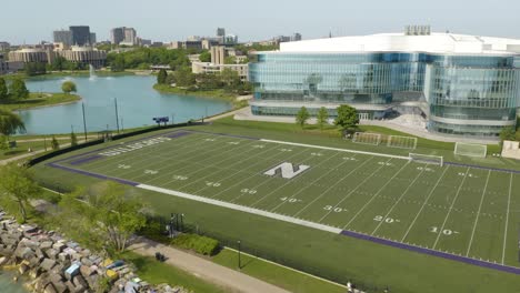 Northwestern-Football-Field,-Kellogg-School-of-Business,-University-Campus