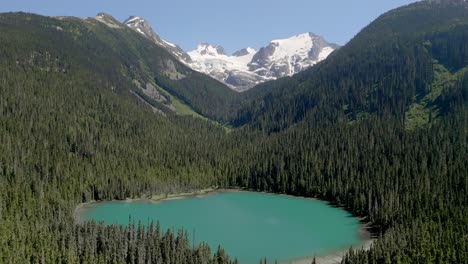 Türkisfarbenes-Wasser-Des-Lower-Joffre-Lakes-Provincial-Park,-Umgeben-Von-Dichten-Bäumen-Im-Wald