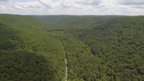 Epic-aerial-drone-shot-of-a-canyon-in-the-Lyman-Run-state-park,-Pennsylvania