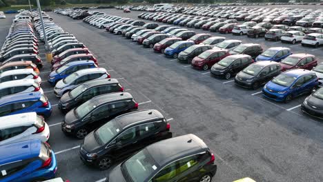 Close-up-aerial-view-of-full-parking-lot-of-Chevy-sedans