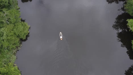 Vertical-aerial-tracks-person-paddleboarding-on-small-rural-river