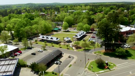 Drone-Orbit-Left-of-Small-Town-USA-Park-in-Downtown-Carrboro-North-Carolina-in-the-Summer