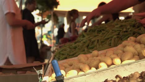 An-Sonnigen-Tagen-Kaufen-Die-Menschen-Frisches-Gemüse-Vom-Bauernhof-Auf-Dem-Markt-Im-Freien