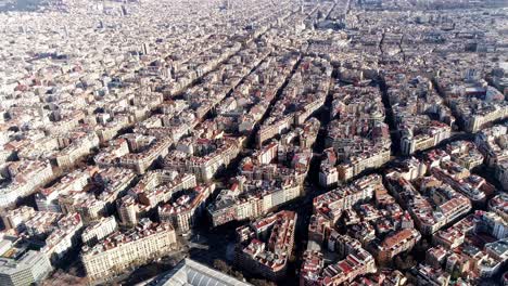Flying-Over-the-amazing-City-of-Barcelona,-Spain