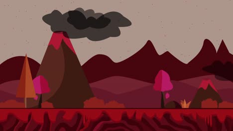 Wunderschöne-Vulkanlandschaftsanimation-Mit-Rauch-Und-Sich-Bewegenden-Bäumen,-Cartoon-Flachstil