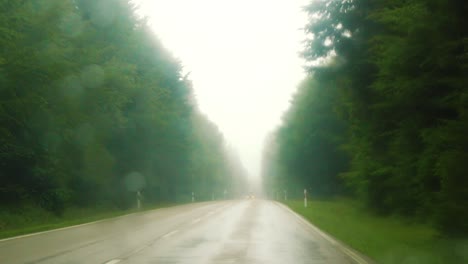 Slowmo-racking-focus-from-rainy-windshield-to-car-approaching,-Black-Forest,-Germany