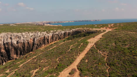 Aerial:-The-landscape-around-Cabo-de-São-Vicente-in-the-Algarve,-Portugal