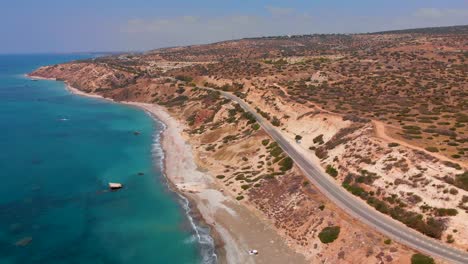 Aerial-view-flying-over-the-coast-of-Paphos-Cyprus-and-the-Mediterranean-Sea