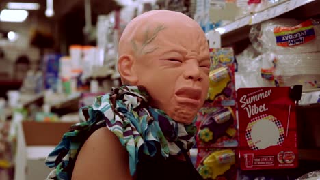 Young-Cambodian-woman-wearing-a-crybaby-mask-at-grocery-store-while-shopping