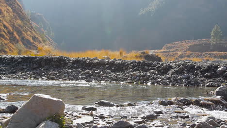 River-flowing-in-mountains,-Low-angle-view-with-water-and-stones,-Sunlight-making-bright-shine-on-water,-yellow-grass-grew-in-the-river
