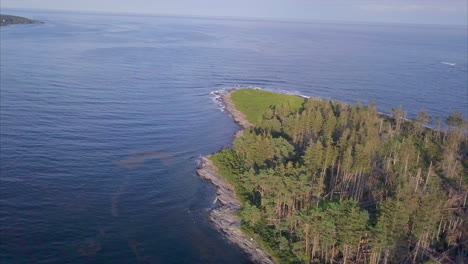 Aerial-shot-orbiting-around-the-blue-Atlantic-Ocean-waves-crashing-against-the-rich-green-forest-of-Richmond-Island-off-the-Maine-coast