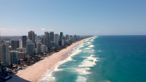 Aerial-view-of-skyline-and-beach-at-Surfers-Paradise,-Gold-Coast,-Australia