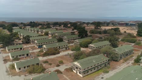 Aerial-shot-of-Abandoned-Military-Base-Barracks,-Fort-Ord-Near-Monterrey-California