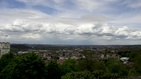Timelaps-of-Ravensburg-with-dramatic-Clouds,-Baden-Wurttemberg,-Upper-Swabia,-Germany---View-from-Veitsburg-Castle-over-the-Old-Town