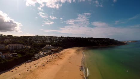 Aerial-View-Of-Beach-And-Seaside,-Coastline-of-Carbis-Bay,-St-Ives,-Cornwall,-Penzance