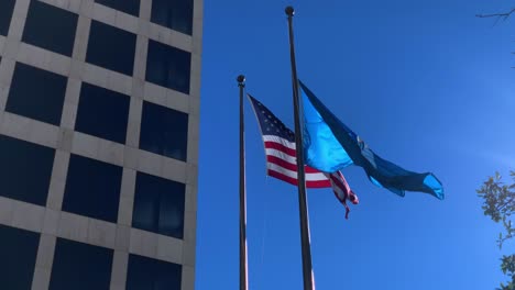 Flagge-Der-Vereinigten-Staaten-Und-Louisianas-Vor-Dem-Bürogebäude-In-Zeitlupe-Mit-24-Bildern-Pro-Sekunde