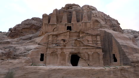 Slow-Pan-Shot-of-Ancient-Tempe-Carved-Out-of-Sandstone-in-Nabatean-City-Petra