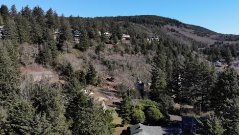 Drone-flies-over-trees-and-homes-in-the-mountains