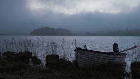 Island-shore-line-beached-lake-boat-dusk-swans-in-distance