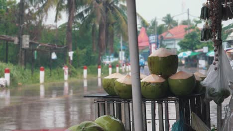 Kokosnüsse-Zum-Verkauf-Am-Straßenrand-Im-Regen
